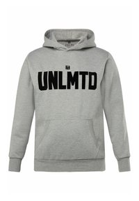 Sudadera gris con capucha y un bolsillo tipo canguro, con un gran texto negro "UNLMTD" en el pecho. Tejido suave con puños acanalados.