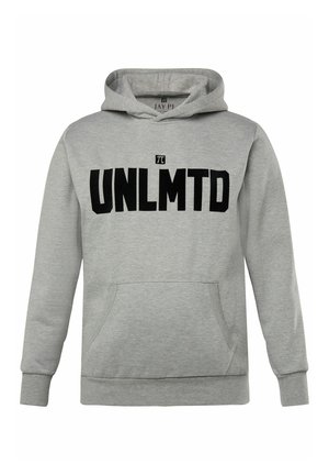 Szara bluza z kapturem i kieszenią kangurką, z dużym czarnym napisem "UNLMTD" na klatce piersiowej. Miękki materiał z ściągaczami przy mankietach.