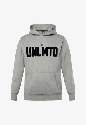 Szara bluza z kapturem i kieszenią kangurką, z dużym czarnym napisem "UNLMTD" na klatce piersiowej. Miękki materiał z ściągaczami przy mankietach.