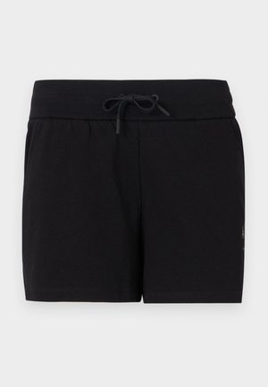 Mustat puuvillashortsit, joissa on elastinen vyötärö ja kiristysnauha. Ominaisuuksiin kuuluu puhdas, yksinkertainen muotoilu ja sileä pinta.