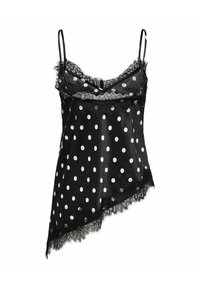 Camisole en satin noir à pois blancs, bordure en dentelle le long de l'encolure et ourlet asymétrique, avec fines bretelles ajustables.