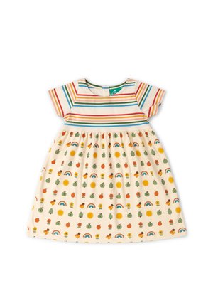 Kurzärmeliges Kleinkindkleid mit bunten horizontalen Streifen oben und verspielten Sonnen-, Apfel-, Vogel-, Baum- und Regenbogenmotiven am Rock.