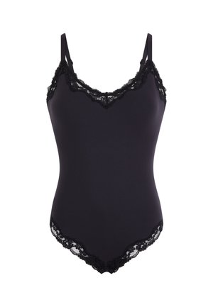 Zwart mouwloos bodysuit met kanten afwerking op de halslijn, bandjes en pijpopeningen, met een aansluitend silhouet.