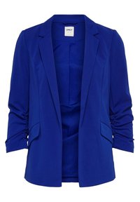 Blå blazer i ett mjukt, lätt tyg. Har en slagen krage, rynkade ärmar och två framfickor. Fodrad inredning.