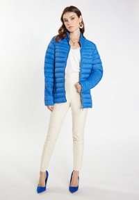 Giacca blu in piuma con design a righe orizzontali, zip frontale e colletto alto, abbinata a pantaloni crema e tacchi blu.