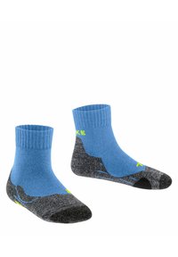 Calcetines tobilleros azules y grises con puño acanalado, tejido texturizado, puntera reforzada y pequeño logo amarillo en el costado.