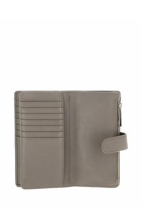 Intérieur de portefeuille en cuir gris avec plusieurs emplacements pour cartes, une poche zippée, texture lisse et fermeture à pression sécurisée.