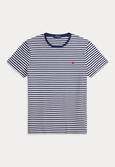 Μπλε ναυτικό και λευκό κοντομάνικο T-shirt με οριζόντιες ρίγες, στρογγυλή λαιμόκοψη και μικρό κόκκινο λογότυπο Polo Ralph Lauren στο αριστερό στήθος.