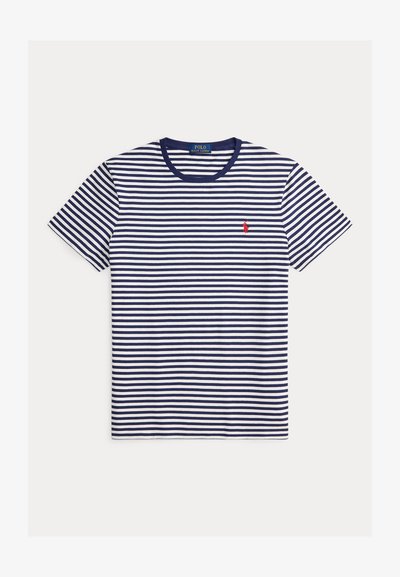 Μπλε ναυτικό και λευκό κοντομάνικο T-shirt με οριζόντιες ρίγες, στρογγυλή λαιμόκοψη και μικρό κόκκινο λογότυπο Polo Ralph Lauren στο αριστερό στήθος.