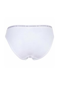 Białe bawełniane majtki z miękkim, elastycznym pasem w talii z logo "Lacoste" w szarym kolorze, o prostym, gładkim designie.