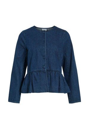 Veste en denim bleu foncé avec manches longues, encolure ronde, boutons recouverts de tissu et taille peplum froncée.