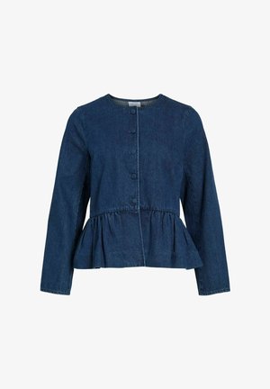 Mørkeblå denimjakke med lange ærmer, rund halsudskæring, stofbetrukne knapper og samlet peplum-talje.