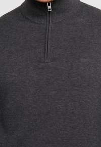 Dunkelgrauer Pullover mit hohem Kragen und halbem Reißverschluss. Hergestellt aus einem strukturierten Strickmaterial, verfügt über ein dezentes Logo auf der Brust.