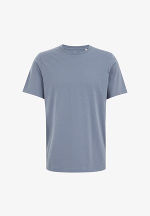 Gaiši zils kokvilnas T-krekls ar apkakli, īsām piedurknēm un gludu tekstūru. Vienkāršs dizains, bez rakstiem vai akcentiem.