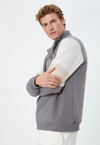 Grijze pullover met een hoge kraag en rits, voorzien van crème-kleurige mouwen en geribbelde cuffs. Het materiaal lijkt zacht en comfortabel.