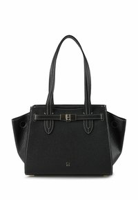 Borsa a tracolla in pelle nera con finitura testurizzata, doppie maniglie, angoli rinforzati e chiusura magnetica. Presenta dettagli di cuciture bianche.