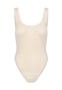 Maillot de bain une pièce écru à côtes avec un décolleté arrondi, des bretelles larges et une coupe haute au niveau des jambes, présentant un motif tricoté texturé.