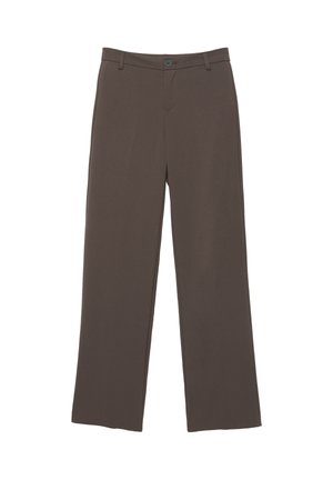 Brown straight-leg trousers with button closure, belt loops, and front pockets, laid flat against a white background.