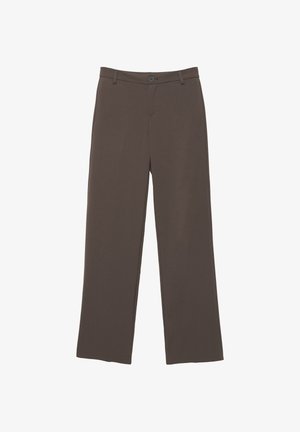 Brown straight-leg trousers with button closure, belt loops, and front pockets, laid flat against a white background.