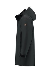 Abrigo impermeable negro con capucha, frente con cremallera y puños de velcro. Presenta un parche con el logo en la manga y una textura suave y mate.