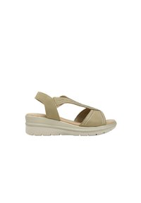 Sandali wedge beige con strappi elasticizzati, punta aperta e cuciture decorative sulla parte superiore. Suola leggera per comfort e supporto.