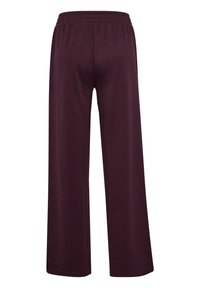 Bordeaux wijdbenige broek met een elastische tailleband, gemaakt van zacht katoenmateriaal; gladde textuur, geen zichtbare patronen of accenten.