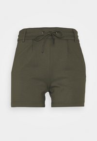 Khaki šortky s pasem na šňůrku, sklady v přední části a hladkým materiálem. Obsahují šité lemy a upravený střih.