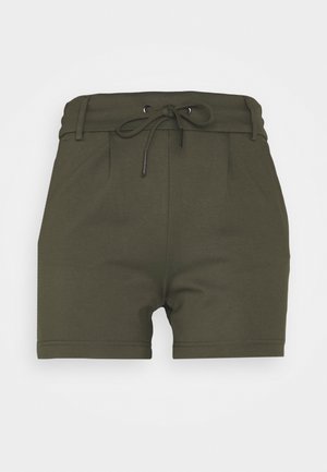 Khaki shorts with a drawstring waist, pleated front, and smooth fabric. Features stitched hems and a tailored cut.