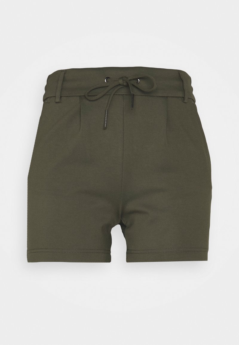 Khaki šortky s pasem na šňůrku, sklady v přední části a hladkým materiálem. Obsahují šité lemy a upravený střih.