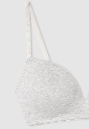 Bralette in tessuto grigio chiaro con coppe morbide e imbottite, spalline sottili e regolabili, e una superficie liscia. Caratterizzato da un design senza cuciture per il massimo comfort.