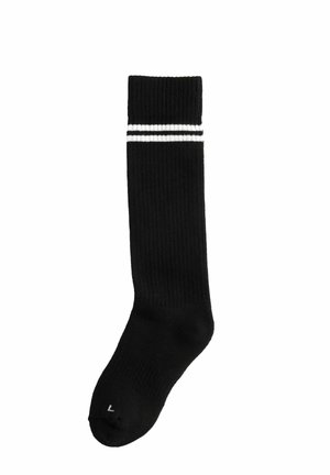 Schwarze knielange Socke mit gerippter Textur, zwei weißen Streifen oben und Größenangabe an der Zehe.