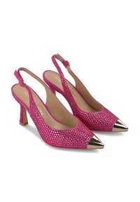 Décolleté rosa con dettagli in strass e punte metalliche appuntite, con tomaia in suede texture e tacco a blocco.