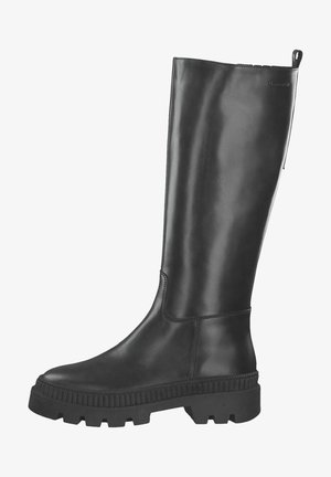 Botte haute en cuir noir avec semelle en caoutchouc texturée, dotée d'une finition lisse et d'une languette extérieure en haut pour un enfilage facile.