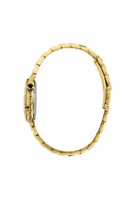 Orologio da polso in tonalità oro con bracciale a maglie, cassa rotonda e un accento di gemma sulla corona. Presenta una finitura liscia e un design minimalista.