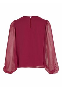 Blusa bordeaux a maniche lunghe con maniche a palloncino trasparenti, apertura a chiave sulla schiena e chiusura a bottone sul collo.