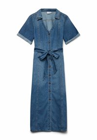 Jeanshemdkleid mit kurzen, hochgerollten Ärmeln, einem V-Ausschnitt, durchgehender Knopfleiste und einem Bindegürtel. Verwaschene blaue Farbe mit leichten Nähten.