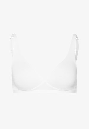 Biały bezprzewodowy biustonosz o gładkiej, miękkiej fakturze, trójkątnych miseczkach, szerokich ramiączkach i regulowanych zapięciach. Prosty design bez wypełnienia.