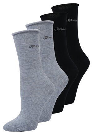 Ensemble de quatre chaussettes : deux grises (claire et foncée) et deux noires. Tissu en mélange de coton, longueur mi-mollet, texture lisse, avec détail de logo.