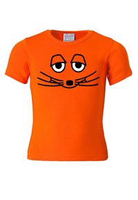 Orange cotton t-shirt with short sleeves featuring a black cartoon face design, including eyes, whiskers, and a nose.