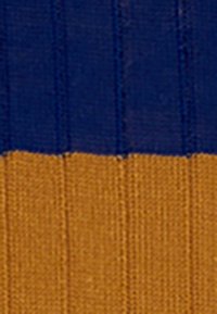 Tessuto a maglia con righe orizzontali; parte superiore di un blu intenso e parte inferiore di un giallo dorato. Presenta una texture a coste e una transizione di colore ben definita.