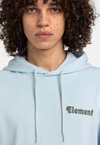 Light blue cotton hoodie with a drawstring, featuring a brown "Element" logo on the chest and a soft texture.
