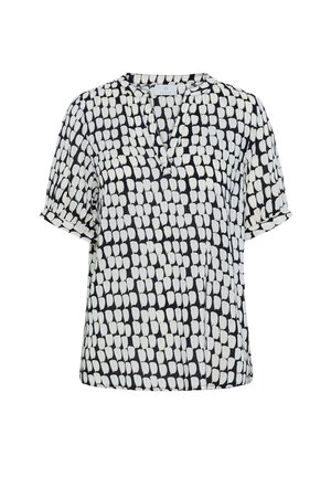 Short-sleeve top in lightweight fabric featuring a black and white pattern of oval shapes, with a v-neck and relaxed fit design.