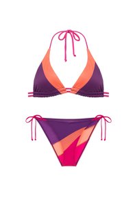 Dviejų dalių bikini su halteriu viršuje, purpurinės ir oranžinės spalvų, su reguliuojamais raišteliais, ir apačia, suderinta spalvų, su šoniniais raišteliais.