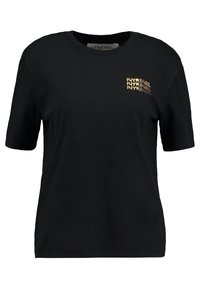 Černé bavlněné tričko s kulatým výstřihem a krátkými rukávy. Zajímavý zlatý potisk loga na levé části hrudi. Hladká textura.