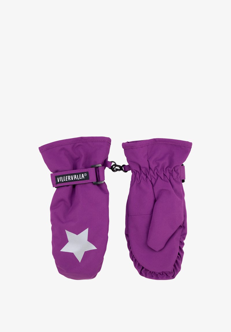 Paarse wanten met een zilveren sterdetail, elastische manchetten en een bandje dat ze verbindt. Gemaakt van duurzaam materiaal, ontworpen voor warmte en grip.