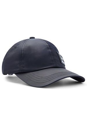 Black baseball cap with curved brim and stitched panels, featuring a small rectangular logo on the front right side.
