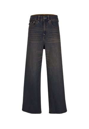 Dunkelblaue weite Jeans mit hoher Taille, ausgestattet mit einem klassischen Fünf-Taschen-Design und dezenter Waschung. Auffällige Nähte an den Gesäßtaschen.