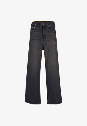 Jeans largi din denim închis, cu talie înaltă, având un design standard cu cinci buzunare și o ușoară decolorare. Cusături distinctive pe buzunarele din spate.