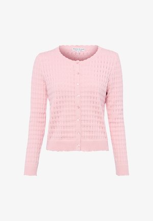 Lichtroze, gebreide cardigan met lange mouwen, een ronde halslijn, knoopsluiting aan de voorkant en een fijn opengebreid patroon.