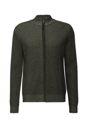 Groene gebreide zip-up trui met een hoge kraag, voorzien van een textuurpatroon en ribgebreide manchetten en boord. Volledige ritssluiting aan de voorkant.